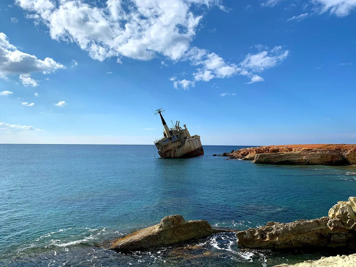 The Edro III shipwreck on the rocks near Peyia
