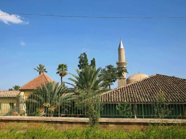 Minaret and dome of Hala Sultan Tekke among palm trees