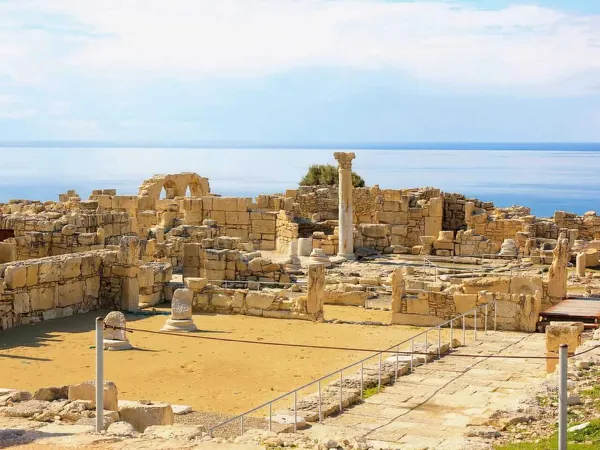 Excavated floors and columns at Kourion above the sea
