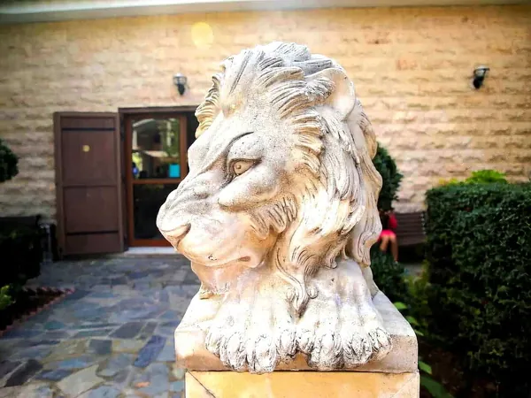 Stone lion statue at the entrance of a mountain winery