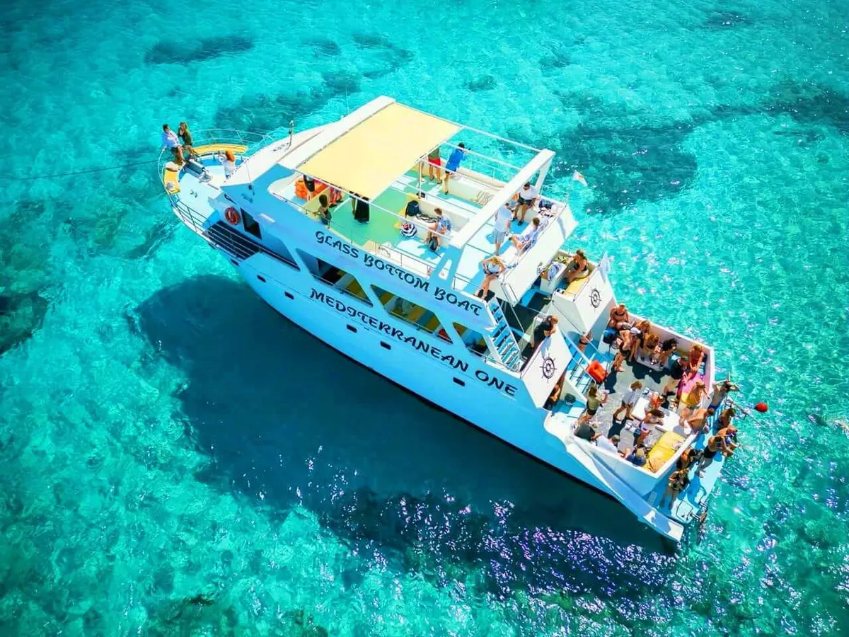 Aerial view of the boat in the turquoise Blue Lagoon