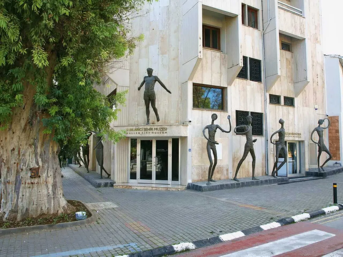 Modern museum building with bronze figures in Nicosia