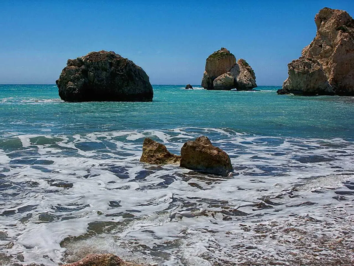Waves breaking around the rocks of Petra tou Romiou