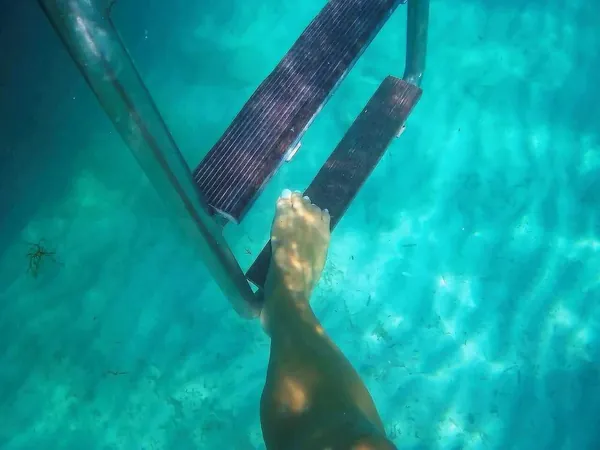 Swimmer climbing the boat ladder underwater
