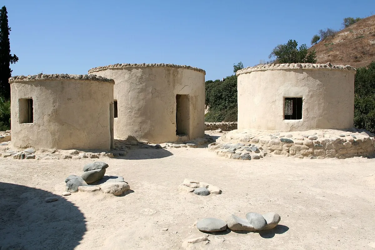 Reconstructed Neolithic round houses at Choirokoitia
