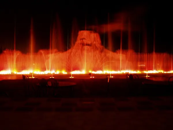 Red-lit fountains at the Magic Dancing Waters show in Protaras, photographed in 2006