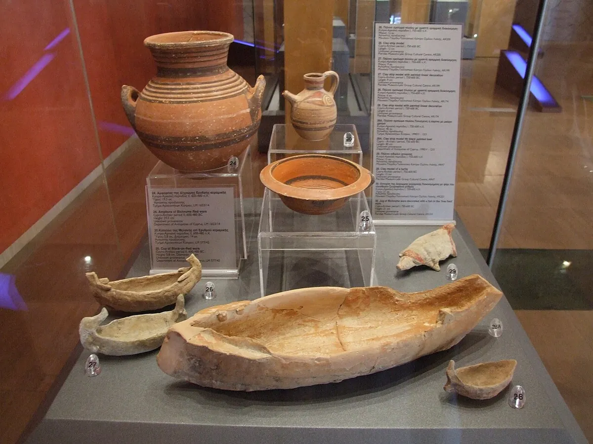 Ancient pottery and a model boat on display at the Thalassa Museum, Ayia Napa