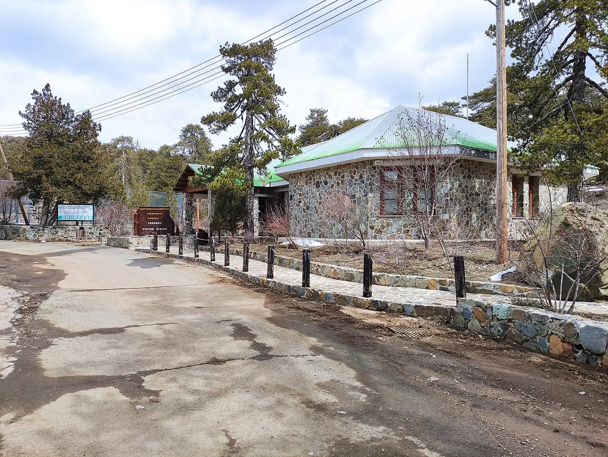 Stone building of the Troodos Visitor Centre among pine trees