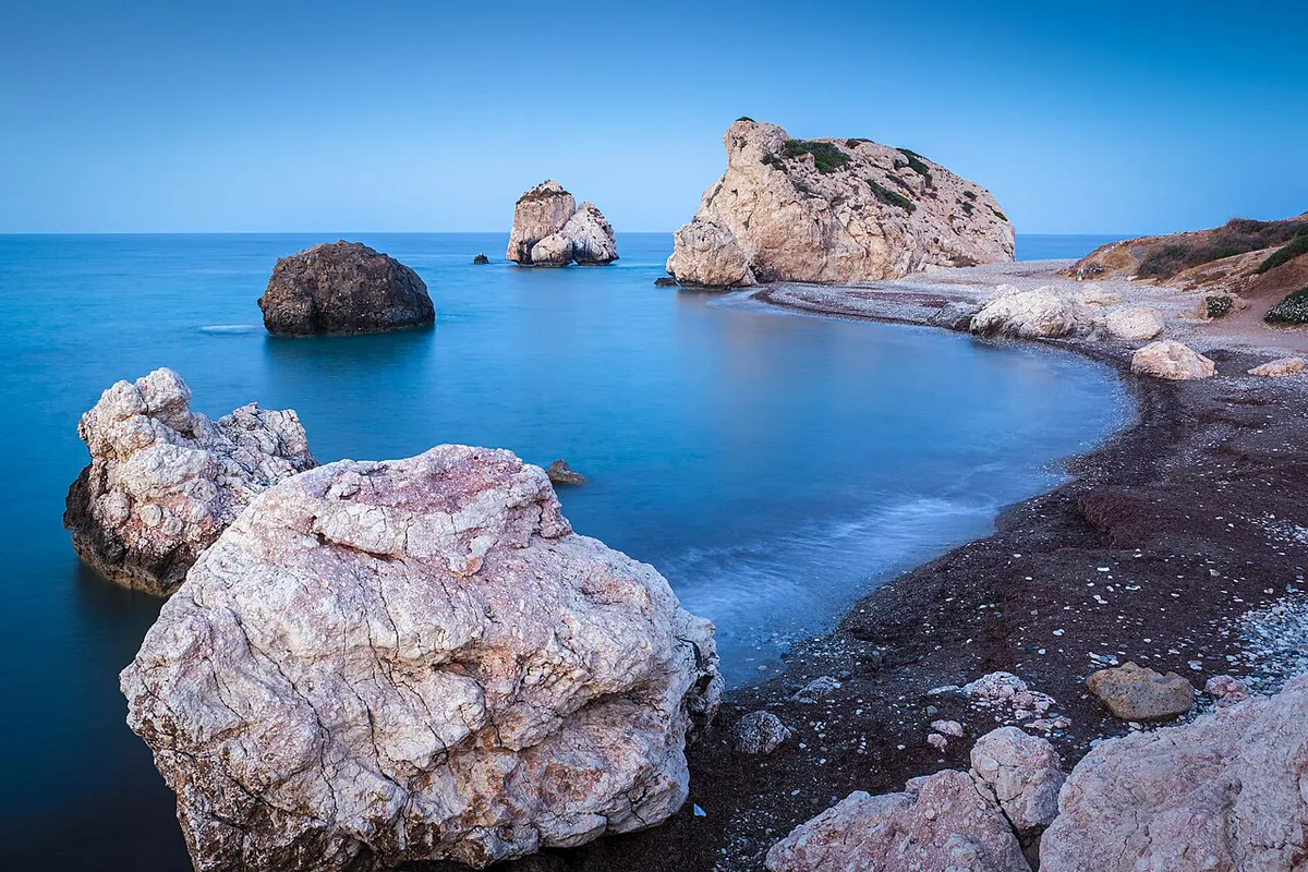 Petra tou Romiou (Aphrodite's rock). Blue hour before sunrize at long exposure, Cyprus