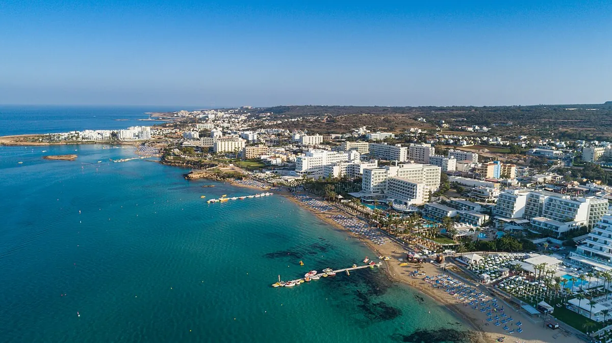 Aerial of Sunrise beach Protaras