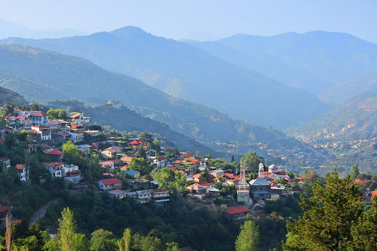 Cyprus landscape - Pedoulas or Pedhoulas village in Cyprus. Rural landscape in Cyprus with Troodos Mountains mountain layers in background.