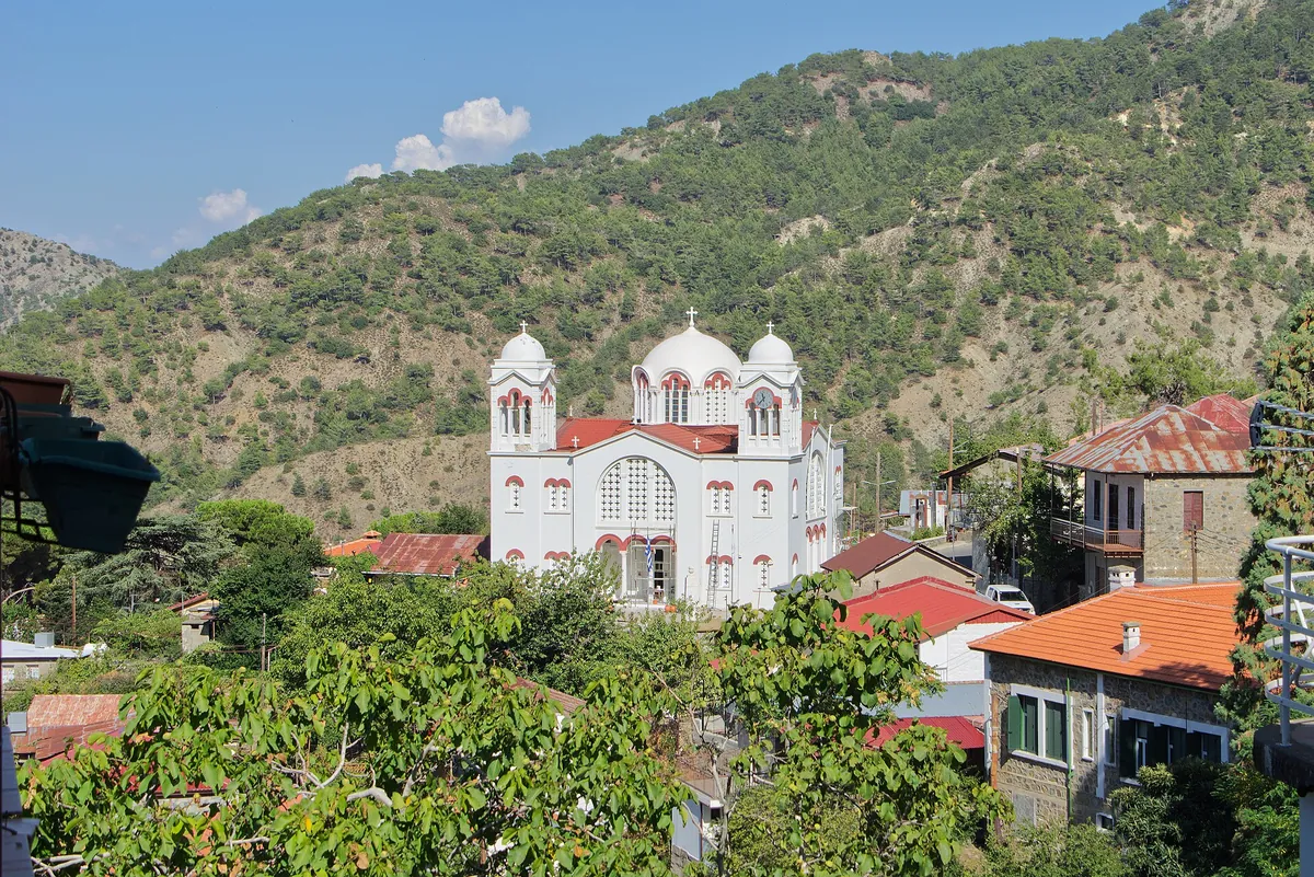 Pedoulas with its twin-towered church in the Marathasa valley