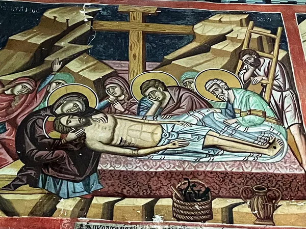 Fresco of the Deposition inside Stavros tou Agiasmati